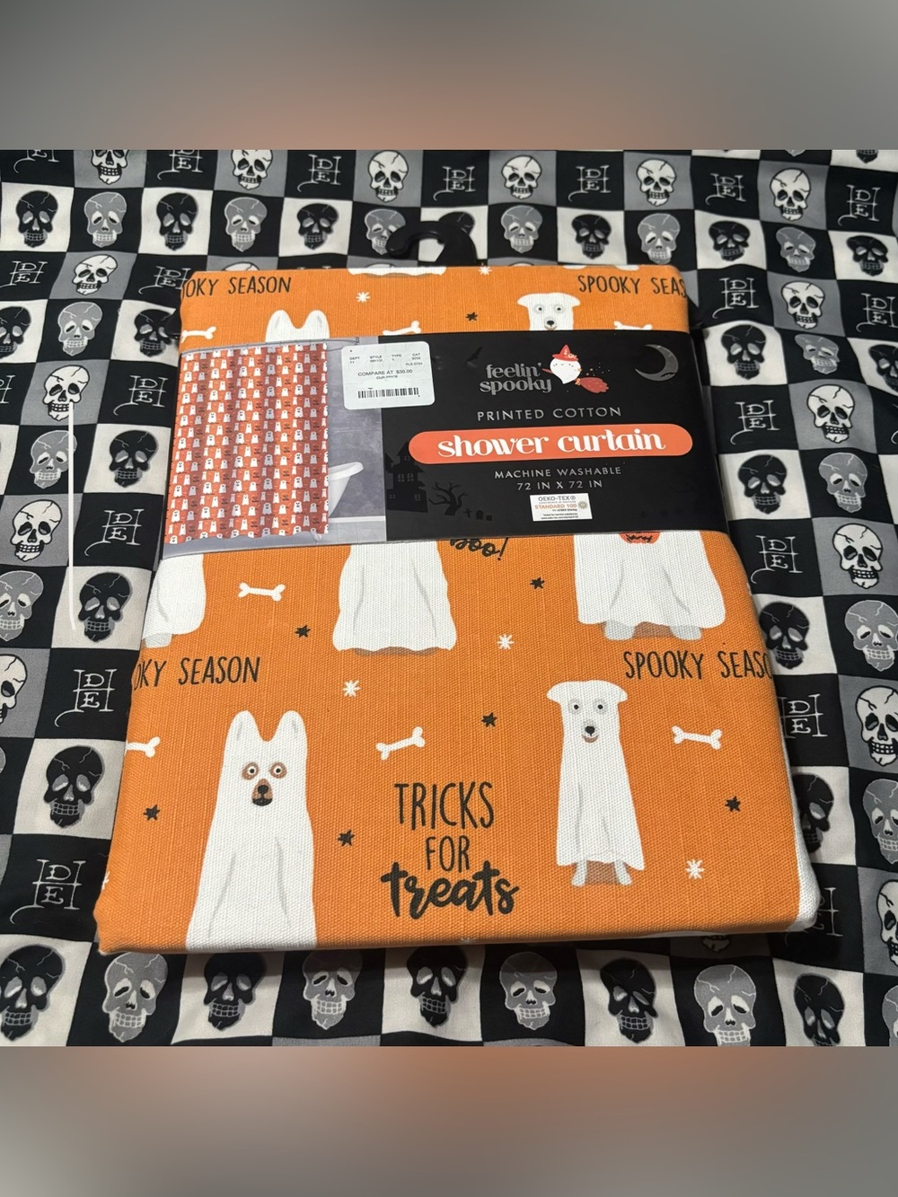 Feelin Spooky Orange Machine Washable Ghost Dogs Halloween Shower Curtain